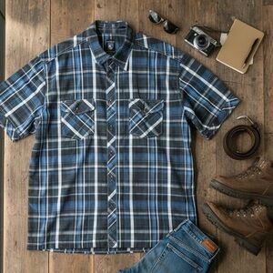 Kuhl Shirt XL Plaid Blue Gray Suncel Hiking Outdoor Western Workwear Performance